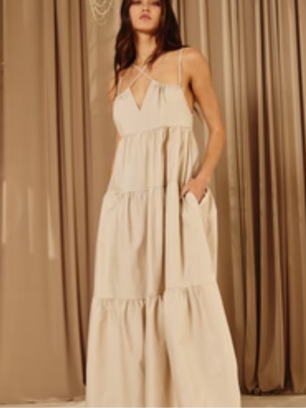 BucketList Tan Tiered Strappy Maxi Dress With Pockets Size Small Boho